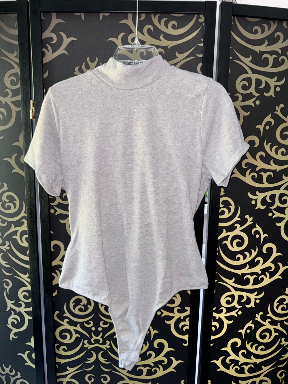 Fashion Nova Light Gray Short Sleeve Mock Neck Bodysuit